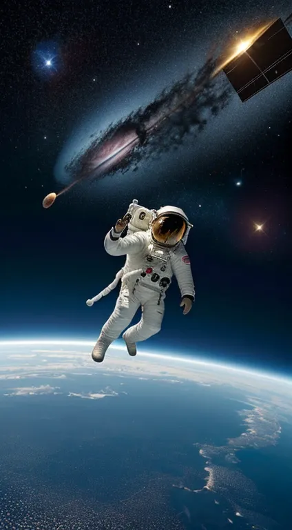 Create a Illustration featuring a (1astronaut floating on space) space-themed, ethereal, cosmic vibes, planets) joyful and vibrant digital art illustration of a cheerful astronaut in a whimsical, outer space setting. This artwork will be perfect for a stic...