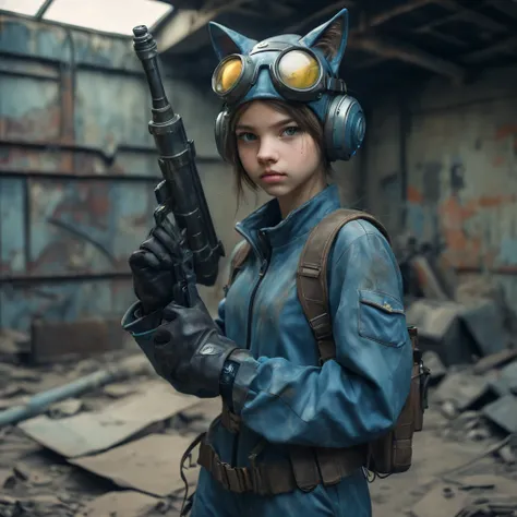 16 year old European girl wearing (vaultsuit with pipboy3000 on wrist) standing in a rundown rusty post apocalyptic steel bunker, holding a weapon in her right hand, giant fallout monster in background, professionally color graded, professional photography...