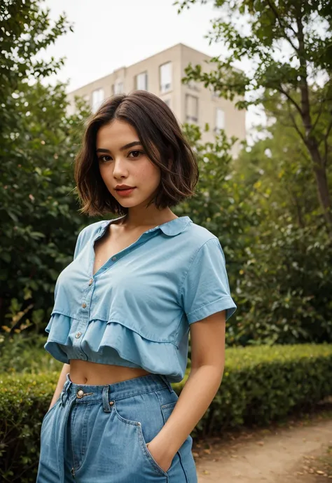 A waist-up portrait of a young beautiful brunette girl, lip-gloss, (freckles:0.9) skin, layered cut hair style, "slim with curves", (breasts:0.55), (grey:0.7) shirt, outdoor setting. This image, characterized by its Minimalism style and outdoor background ...