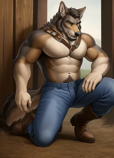 william adler, solo, male focus, naked full body, his blue jeans is pull down on his knee and brown cowboy boots, wolf ears, beard