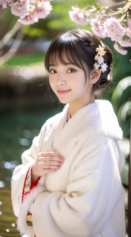 1girl,full body,Wearing an ornament on the head,Japan Traditional Hair Set,(kanzashi,colorful japanese clothes,Red, white, and cherry-colored Japanese clothes,Japanese clothes with gorgeous and elegant patterns,highest grade obi,Kyo Yuzen Japanese clothes,...