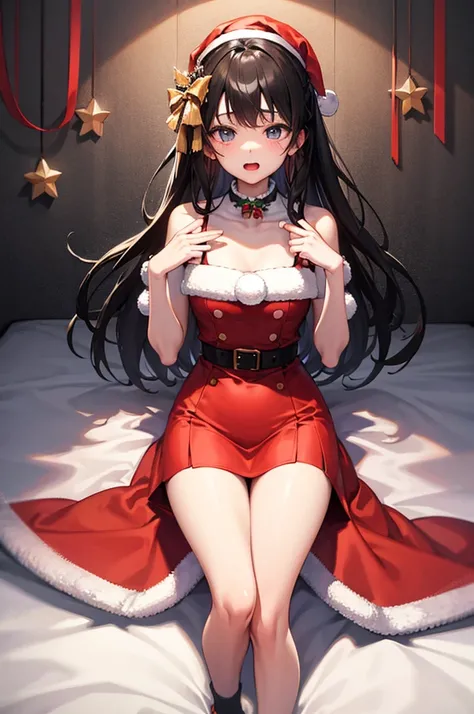 1girl,long hair, Black hair,Collar,Facial, leg loops,Soft bed,Bedroom,christmas，giftow knot，Highest image quality，超高分辨率，tmasterpiece，