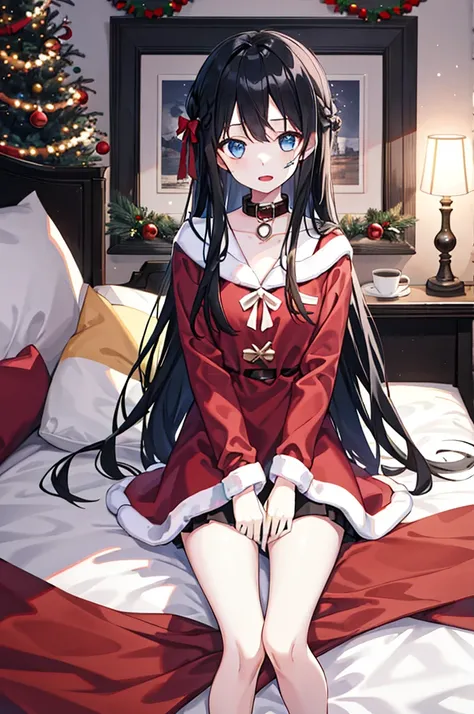 1girl,long hair, Black hair,Collar,Facial, leg loops,Soft bed,Bedroom,christmas，giftow knot，Highest image quality，超高分辨率，tmasterpiece，