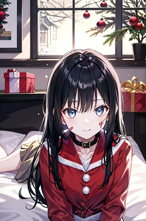 1girl,long hair, Black hair,Collar,Facial, leg loops,Soft bed,Bedroom,christmas，giftow knot，Highest image quality，超高分辨率，tmasterpiece，