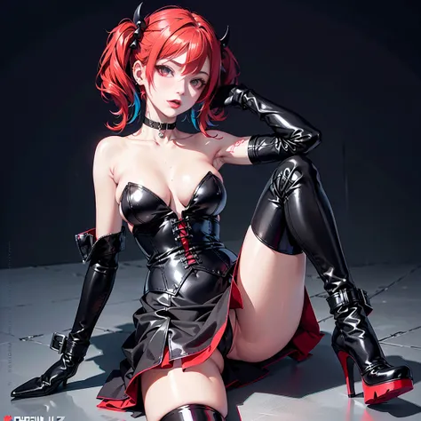 fishnets, ((solo, solo focus, solo girl,1girl))++,(evil dominatrix succubus Marinette Dupain-Cheng Ladybug)+++,low_twintails, red_hair, two tone hair, multicolored_hair, black_hair, solo, short_hair, high_heels, garter_straps, thighhighs, piercing, bare_sh...