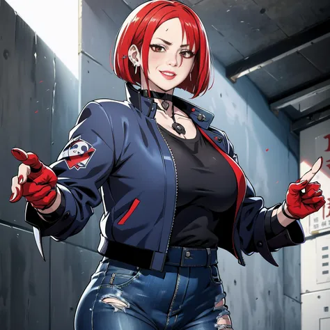 in the art style of persona 5, smal breast, delinquent, (sukeban), mature_female, blush, mature, older woman, 25 years old, Sukeban teacher outfit, (1girl, solo female, solo, solo focus)++++, choker, sukeban teacher, sukeban fighter, long_sleeves, open jac...