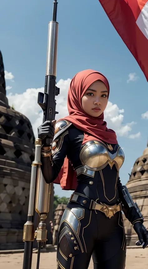 RAW, Best quality, high resolution, Masterpiece: 1.3), Beautiful indonesian woman in hijab,Masterpiece, best quality,8k, brown eyes, perfect eyes,Imagine the indonesian girl in hijab in a futuristic command center, ((gun on right handand Indonesian flag on...