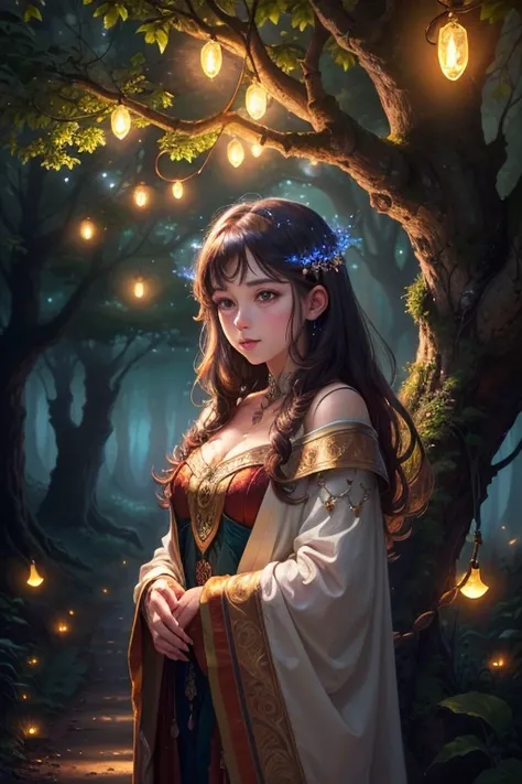 A whimsical scene in magical forest with glowing fireflies, nighttime scene, magical glow), (mystical, enchanting, nature-inspired, 
(masterpiece,best quality,ultra detailed,ultra high res,detailed background),