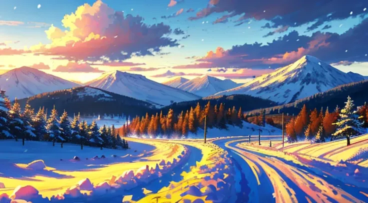 Cold winter snow scene with heavy snowfall rural landscape, grassy, mountain range in background, ​​clouds, zaun, Dirt roads, tmasterpieces, k hd, high qulity, Best quality at best, A high resolution, high qulity, high detal, tmasterpiece, style of anime