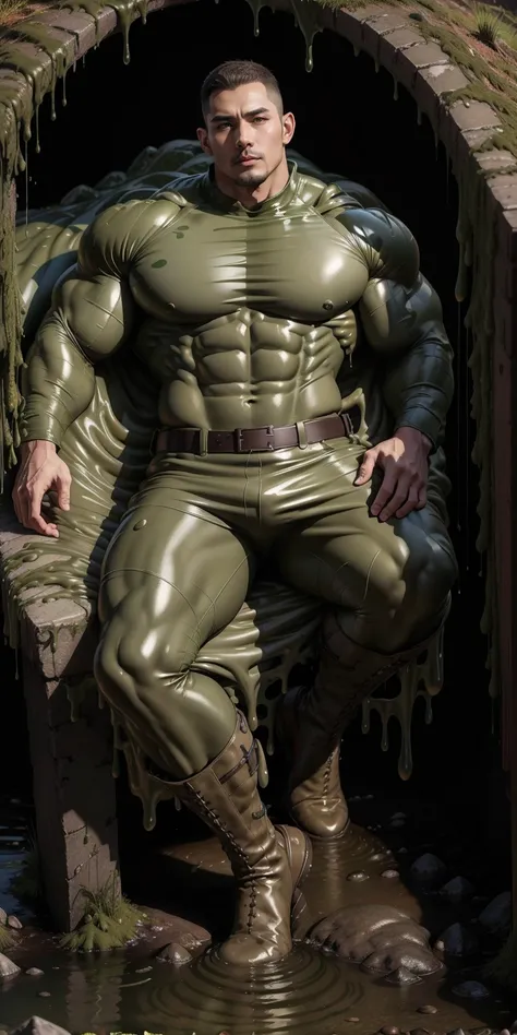 Tall, giant, muscular man sleeping in Slime Lake，Khaki camouflage military uniform，character  design（Resident Evil - Chris Redfield，Chris Redfield）Buzz Cut，Wearing khaki camouflage military uniform，Frosted grain texture，Soft and comfortable Slime bed，Lying...