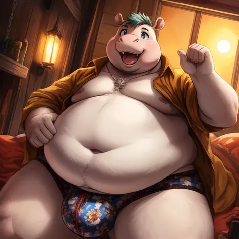 cute, (Fat, Obese, Overweight male, anthro, hippo), (detailed scrotum, detailed eyes, detailed mouth), bright lighting, full of effects, background effects, digital illustration, masterpiece, anime style, perfect obese anatomy, perfect face, centered, appr...