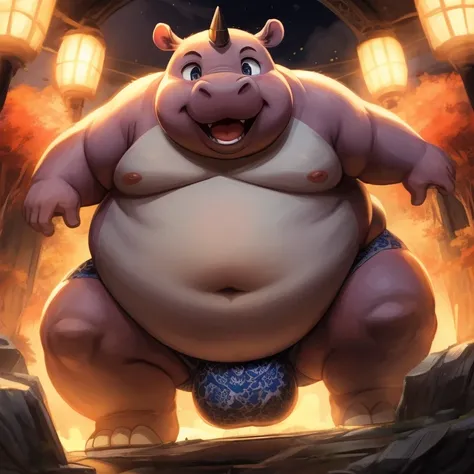 cute, (Fat, Obese, Overweight male, anthro, hippo), (detailed scrotum, detailed eyes, detailed mouth), bright lighting, full of effects, background effects, digital illustration, masterpiece, anime style, perfect obese anatomy, perfect face, centered, appr...