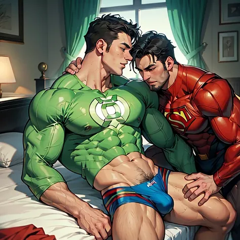 3 hombres, cuerpo completo, vello facial rapado, Green Lantern and superman drunk,  asleep and masturbated d by another small nerd gay guy on the bed, bulto grande, enorme_, mostrando pectorales y abdominales completos, mostrando, wet dreams, Great erectio...