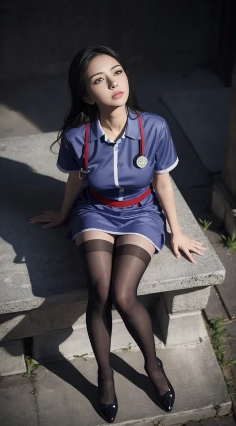 (full bodyesbian:1.5)，(1girll:1.3),(looking up at viewer:1.4)，(Anatomical accuracy:1.4),(sitting on top of the hill:1.2),(wear a nurse uniform:1.2),(Opaque pantyhose:1.3),( Woman pointy toes thick heels :1.1),(A precise and perfect face:1.3),(Long leg:1.3)...