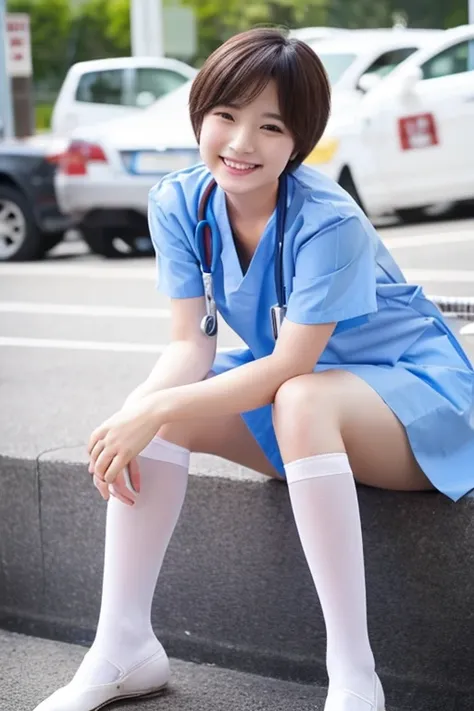 top-quality、​masterpiece、real 20 year old woman、（（Have a medical record））、nurse、White stockings、hospitals、Hospital room、a smile、Shorthair、hight resolution、