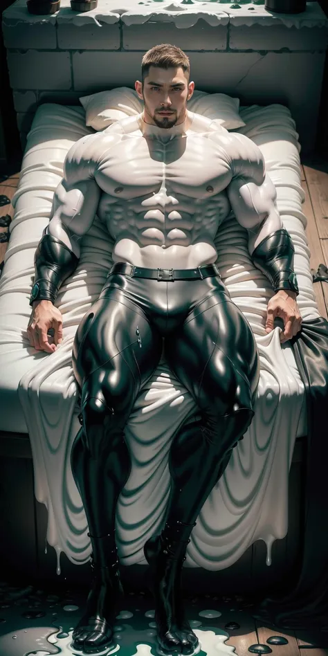 A tall giant muscular man is sleeping and lying down in the milky white Slime Lake，Milky white wetsuit，character  design（Resident Evil - Chris Redfield，Chris Redfield）Buzz Cut，穿着Milky white wetsuit，Frosted grain texture，Soft and comfortable Slime bed，Lying...