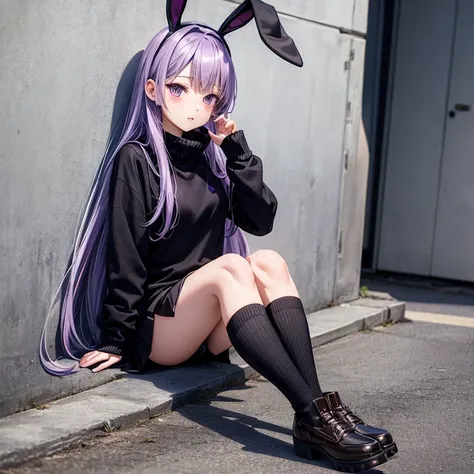 purple hair bunny ears miniskirt black clothes muffler illustration black long socks