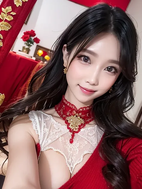 wavy hairwavy hair（（（the eyes are delicate））），hair adornments，choker necklace，woman wearing sexy red lace sweater，room filled wi...