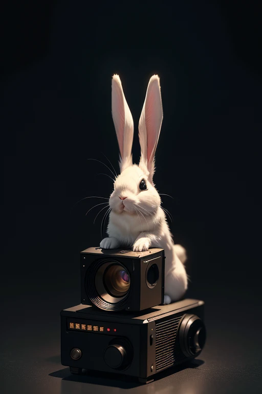 A rabbit，One placed sidewaylowers grew inside。movie projector，TV screen。A rabbit。Ray traching。((deep dark background))，简约的deep dark background，artworks，high high quality，ultra fine detailed。Miniatures，macro photography。