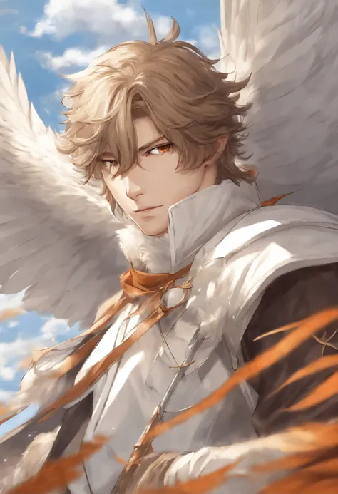 Close-up of falling bird feathers,  Color (White, Brown, Orange,Gray, Colored)  spinning, fall with the clouds,  feather wind, fluffy clouds, casimir art, illustration of shigenori soejima, boris valejo.  Detailed drawing of an anime character, detailed an...