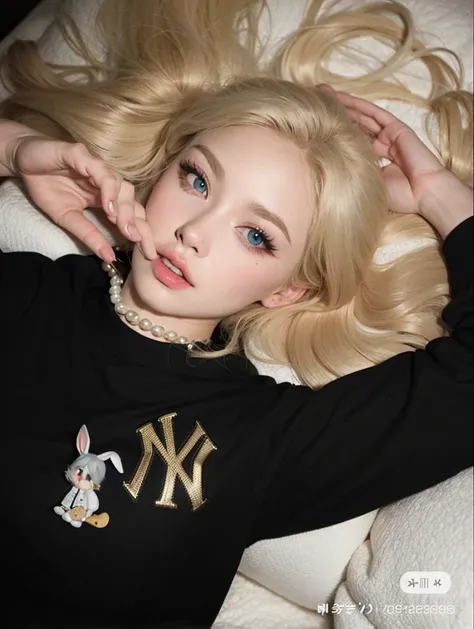 Blonde girl lying on the sofa in a baseball jersey, very pale blonde hair, ava max, very very pale blond hair, Portrait of Kim Petras, Rosanna Park BlackPink, perfect white haired girl, her hair is white, ultrarealistic sweet bunny girl, long blonde hair a...