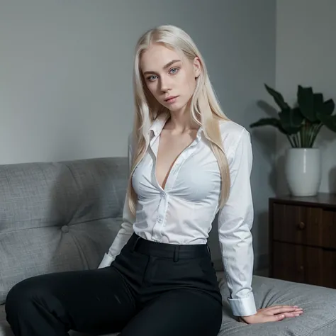 Realistic photograph, portrait, plain background, solo woman, 20 year old woman, Pale blue eyes, Long sleek platinum blonde hair  Fair borderline pale skin, toned build with lean defined muscle, black formal pants, button up shirt, sitting on fancy sofa in...