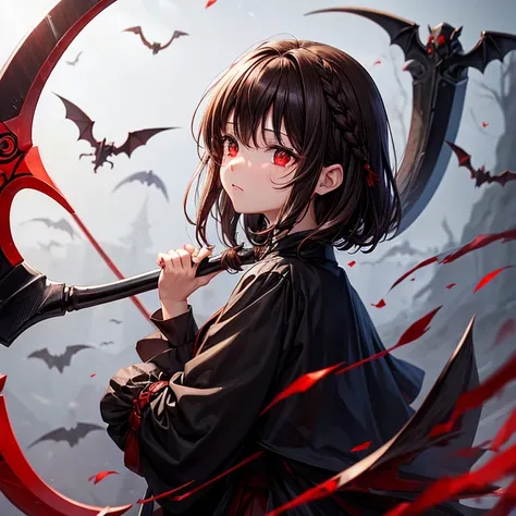 Brown hair、Black clothe、pluma、吸bloods鬼、short-hair、Braids、large Scythe、red eyes、bloods、the bats、Neutral face、black skantz