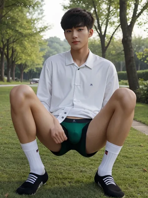 16 years old teenagers , very young , light-skin , wearing an dark green sexy underwear, tmasterpiece，k hd，the feet ，black long socks，The barefoot , green colour , handsome and cute , extreme cute boy , white skin , dark green underwear boxers shorts , ext...