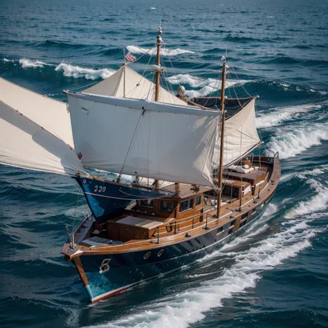 Un bateau puissant et mystique aux voiles blanches avance au travers des vagues sous un ciel multicolore et rempli détoiles filante et la lune ronde et bienveillante veille connectée à lunivers