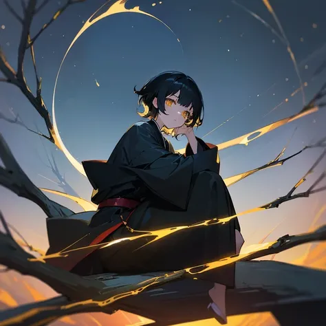 ((High image quality))、((Modern Anime))、Short black hair、(Golden Eyes)、Wearing a black robe、wear clothes inside、ember、moody person、I can see the beautiful night sky、in woods、sitting on a tree