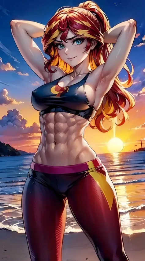 Sunsethuman, Sunset Shimmer, Sunset Shimmer from my little pony, Sunset Shimmer in the form of a girlr, six-pack abs, arm muscles, Red sports bra, Red Sports Leggings, Gym,  big breastes, Bodybuilder Girl, perfect abs, six-pack abs, the perfect body