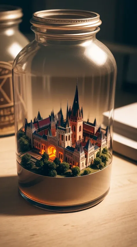 (An intricate Budapest minitown landscape trapped in a bottle), atmospheric oliva lighting, on the table, 4k UHD, dark vibes, hyper detailed, vibrant colours, epic composition, octane render, sharp focus, high resolution isometric