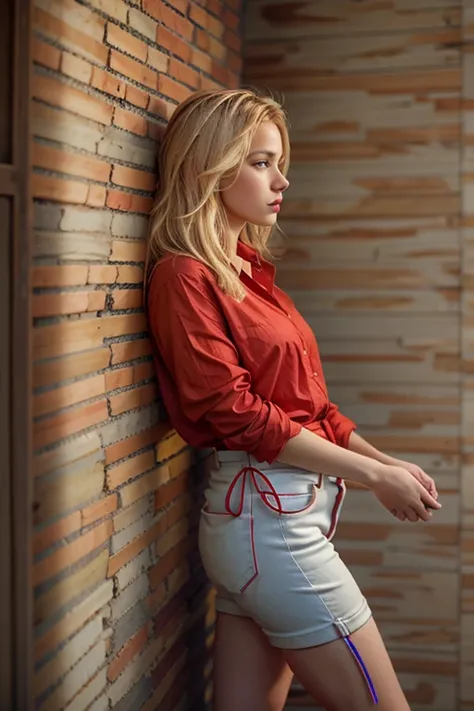 RAW photo, portrait of a beautiful blonde woman wearing a red shirt (high detailed skin:1.2), 8k uhd, dslr, soft lighting, high quality, film grain, Fujifilm XT3, ((((full naked body shot, hands, from side)))