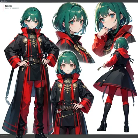 ((Masterpiece)),(((Best Quality))),（Character design sheet,Same Role,facade,side face,on back),illustartion,1 boy，hair color,By bangs,eyes,The environment is changing,dark green hair，Pose Tzu too，ember，Blacken clothes，high definition detail，charturnbetalor...