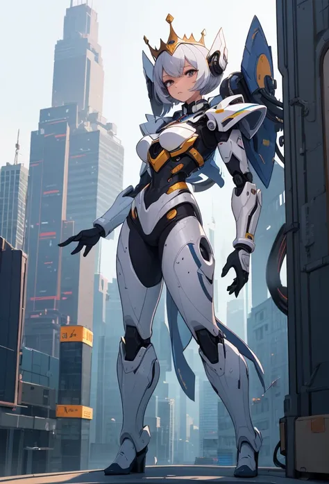 (Detailed illustrations,Very detailed and detailed drawing,Delicate lines with slow and rapid,Realistic texture expression),[Color tressed main line],[Modern city skyscrapers background],(ANIME)(A white GIANTROBOTGirl towering over the building area (SKINN...