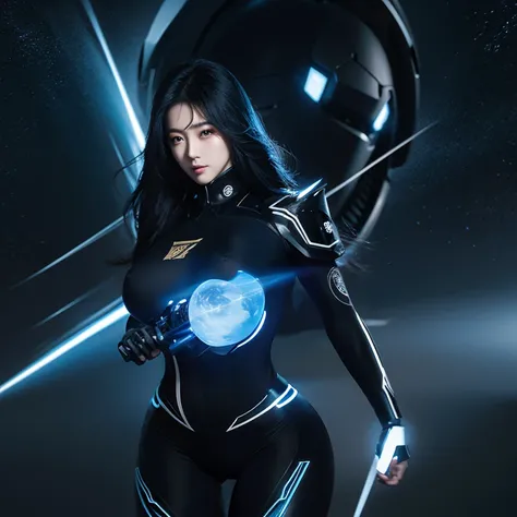 A beautiful CG animated Asian，in her 20s，Star face，Body in mecha tights，glowing hair，Black element，Machine City