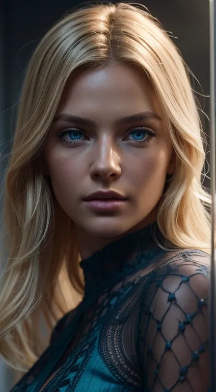 A coloued woman, blue eyes,  blond hair, full body lenght, intricate design and details, ultra-detailed, highest detail quality, ultra-realistic, photography lighting, reflection mapping, photorealistic, cinematic, cinematic noise, movie quality rendering,...