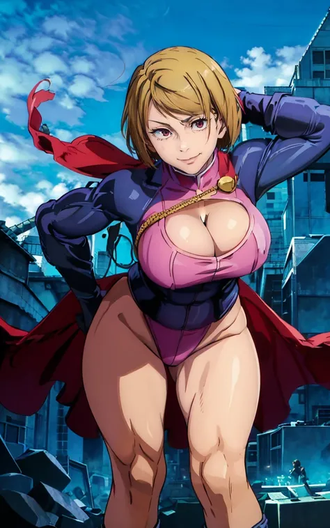 Best Quality:1.3), (4k画质), Sugisaki Nohara of Jujutsu Kaisen, ((Detailed face)),((Smile)), (()), (Big breasts), Sexy, (( cut hair )), ((power girl&#39;s cleavage&#39;Costumes)), ((Leaning forward))