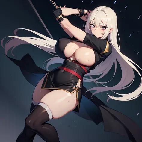 One mature women,shinobi,long hair, black tight skirt, big side boobs, night, sweat, 4k resolution,stand pose, curvy bodyline.