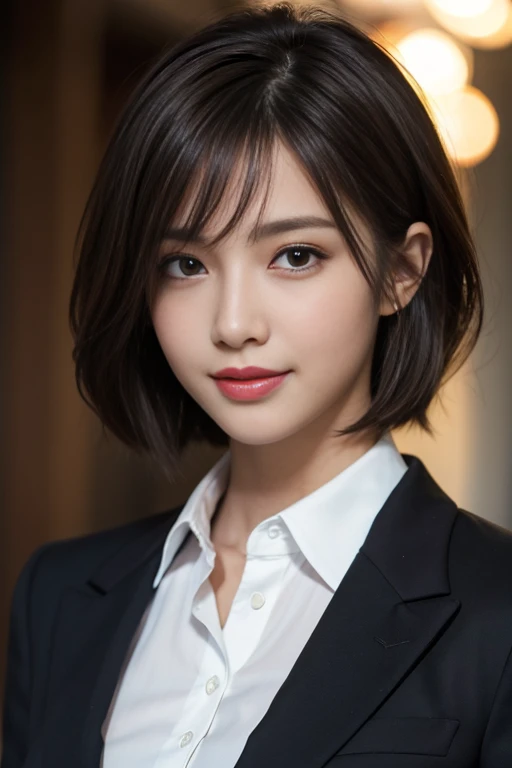 Best quality, realistically, ultra - detailed, detailed, A high resolution, solid color backdrop，8k wallpaper, 1 handsome woman,Short hair details,  Wear a dark suit, lock focus, Perfect dynamic composition, beautidful eyes, Delicate hair, 细致realistically的...