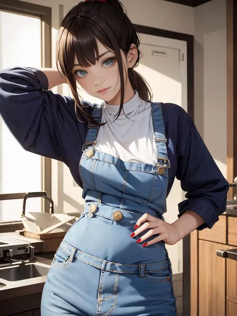 8k_wallpaper, high quality, best, high resolution, best quality, award winning, highly detailed, masterpiece, by famous artist, hyper extreme detailed, beautiful detailed eyes, 
jeans, and aprons, 1girl, brown hair, blue eyes, apron, long hair, ponytail, p...