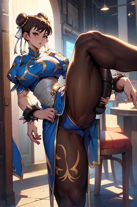 chun li, olhos lindos, olhar serio, belas coxas, brown pantyhose, belas pernas,belas coxas, pose de vitoria, cidade a noite,botas brancas