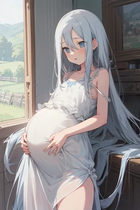 1girl in，Detailed details，Gray head hair，Very long hair，light blue  eyes，White dress，camisole，bignipple，small tits，pregnant woman，Very big belly，Sheer，Underwear pull，countryside