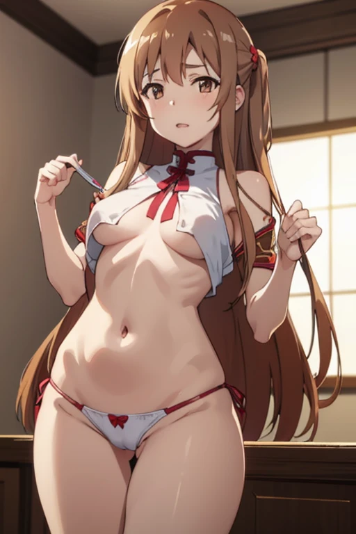 yuuki asuna, kizukiai, brown hair, brown eyes, medium breasts, long hair, Asuna, 1girl, blush, masterpiece, best quality, ultra-detailed, ray tracing, perfect lighting, 1girl, hot, sexy, sexy body, nsfw, showing her boobs, open legs, no panties, perfect an...