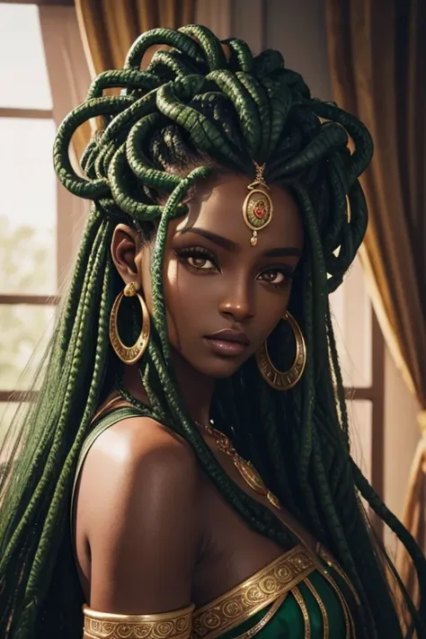 Medusa head, snakes hair, dark skin, emerald on the forehead, large golden earrings