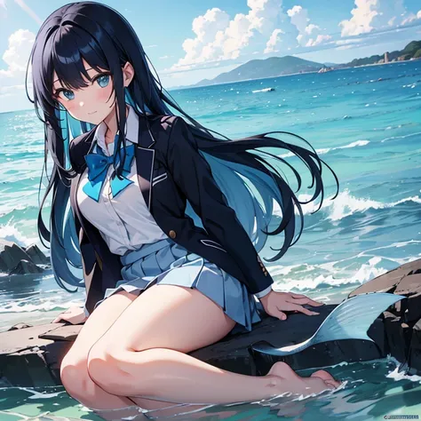 A mermaid in a high school uniform has blue-black hair at the ends and a blue-scaled fish tail with a seaside background.