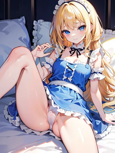 alice in the wonderland、cute little、a miniskirt、a blond、No panties、Wavy Hair、blue eyess、teens girl、12year old、Lying down、Lying down、オマンコ、Wet、sigh、anal、s ass、s assを画面に向けて、with spreading legs、spread your pussy with your hands、happy、a smile、Apron Dresses、a mi...