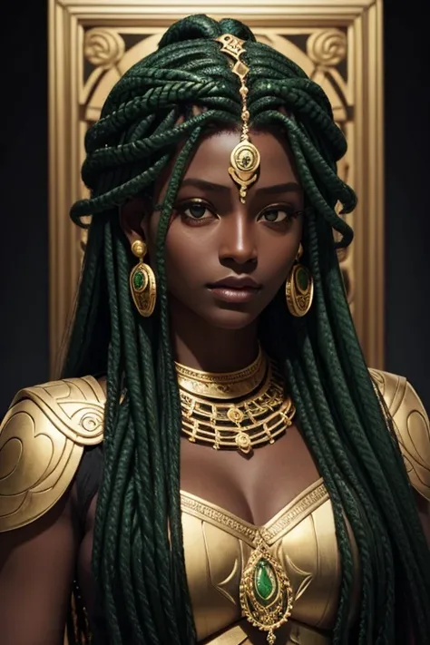 Medusa head, snakes hair, dark skin, emerald on the forehead, large golden earrings, integral gold mask without eyes