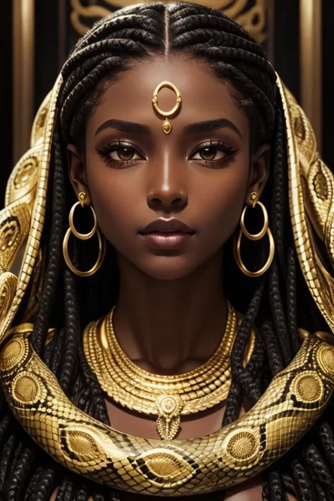 Medusa head, snakes hair, dark skin, integral facial gold mask, large golden earrings