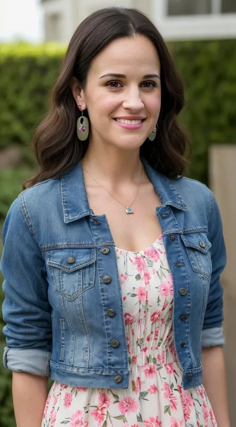 smiling woman with a necklace and earrings on her neck, this person does not exist, young woman in her 20s, with cute facial features, beautiful, petite physique, wearing a floral sundress and sandals with a denim jacket on top, sanna marin-jordan hayes-li...